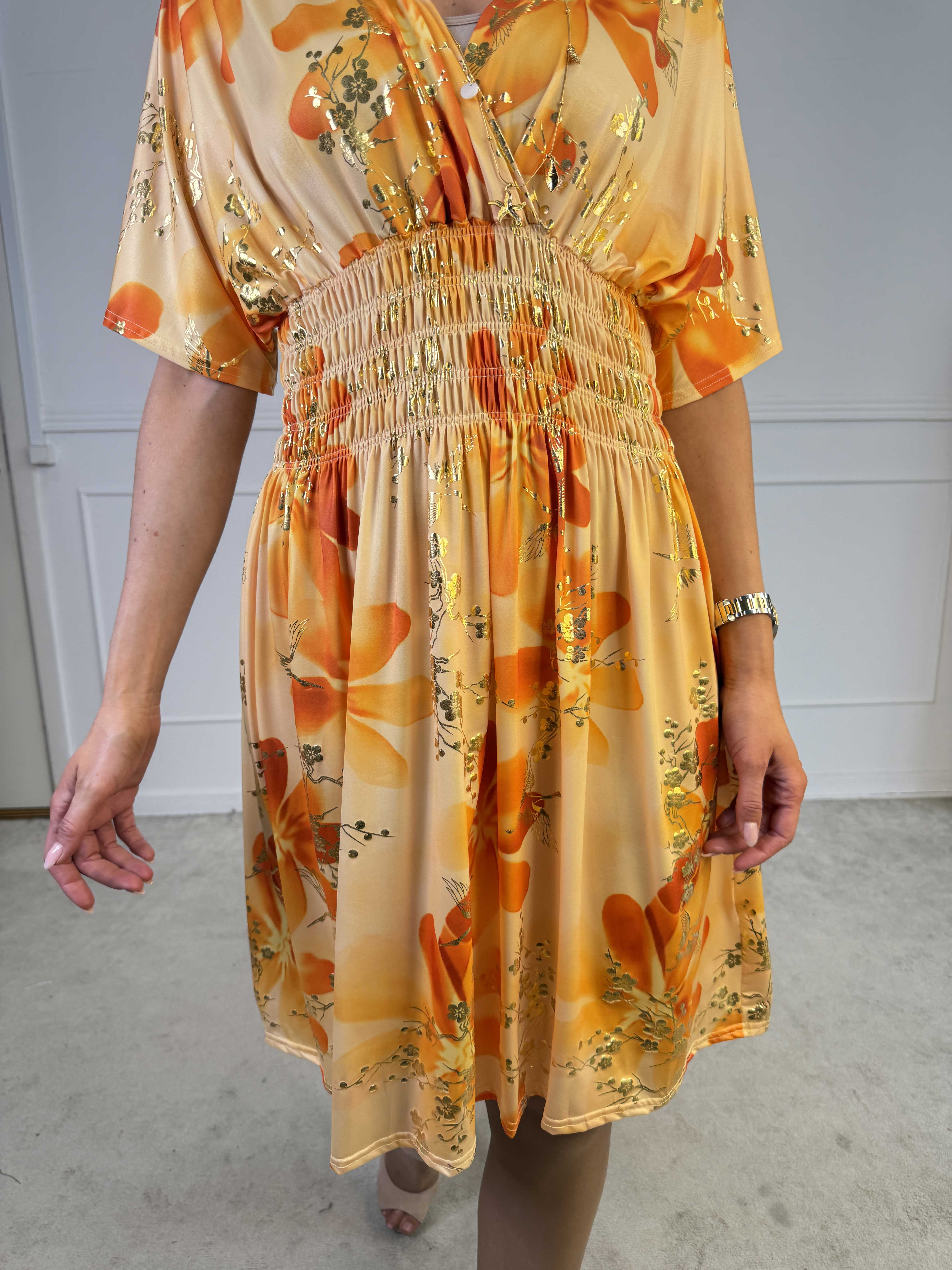 Pams Fleur Short - Elastisk kjole med smock og japansk inspireret gulddetaljer